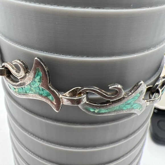 Vtg Taxco Mexican 925 Silver Crushed Turquoise Inlay Section Bracelet 7.5" SW - Picture 8 of 10